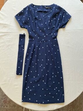 Gown Town Woman’s Retro Style Dress Dark Blue w/ Pale Blue Polka Dots Sz Small